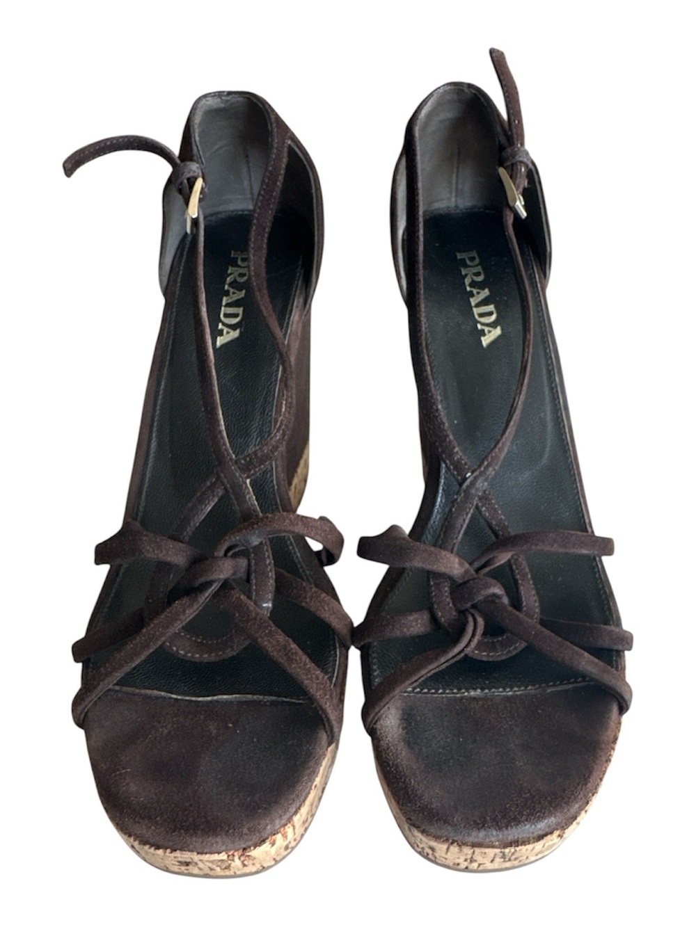 Vintage Prada Brown Suede Cork Wedge Sandals with Ankle Strap
